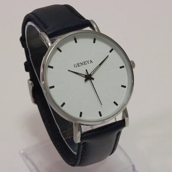 Men's Minimalist Fashion Watch Silver Case White Dial Navy Blue Strap 40mm - Picture 2 of 13